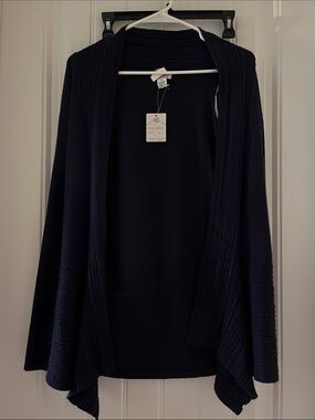 Anna Rose Navy Open-Front Cable-Trim Cardigan